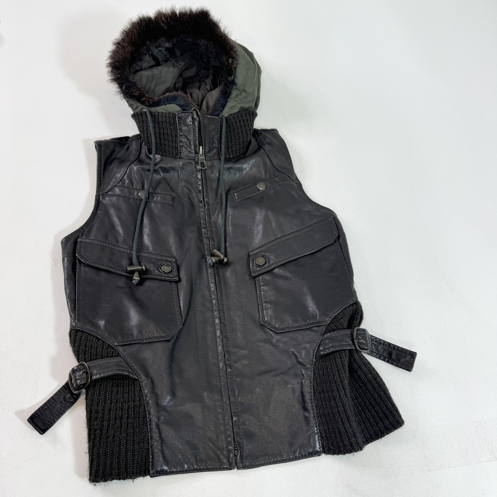 June‎ Leather Vest Womens Medium Black Hooded Fur Trim Biker Belted Pockets